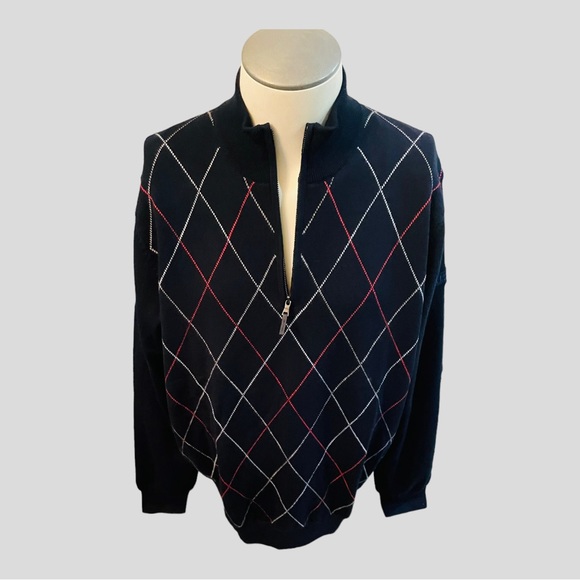 FAIRWAY & GREENE MENS HALF ZIP RAKER SWEATER NAVY SIZE LARGE